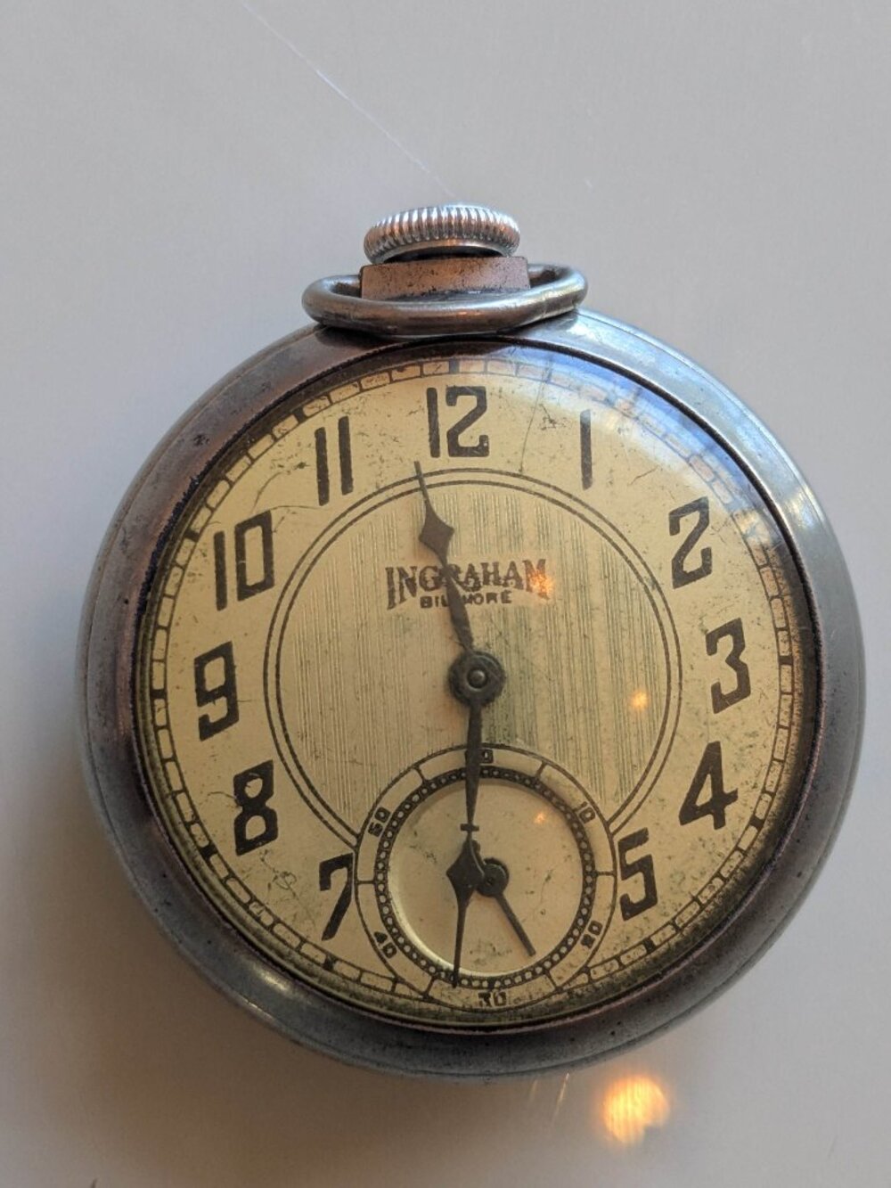 Vintage Ingraham Biltmore Pocket Watch Nickel Case Mechanical Wind-Up USA Retro